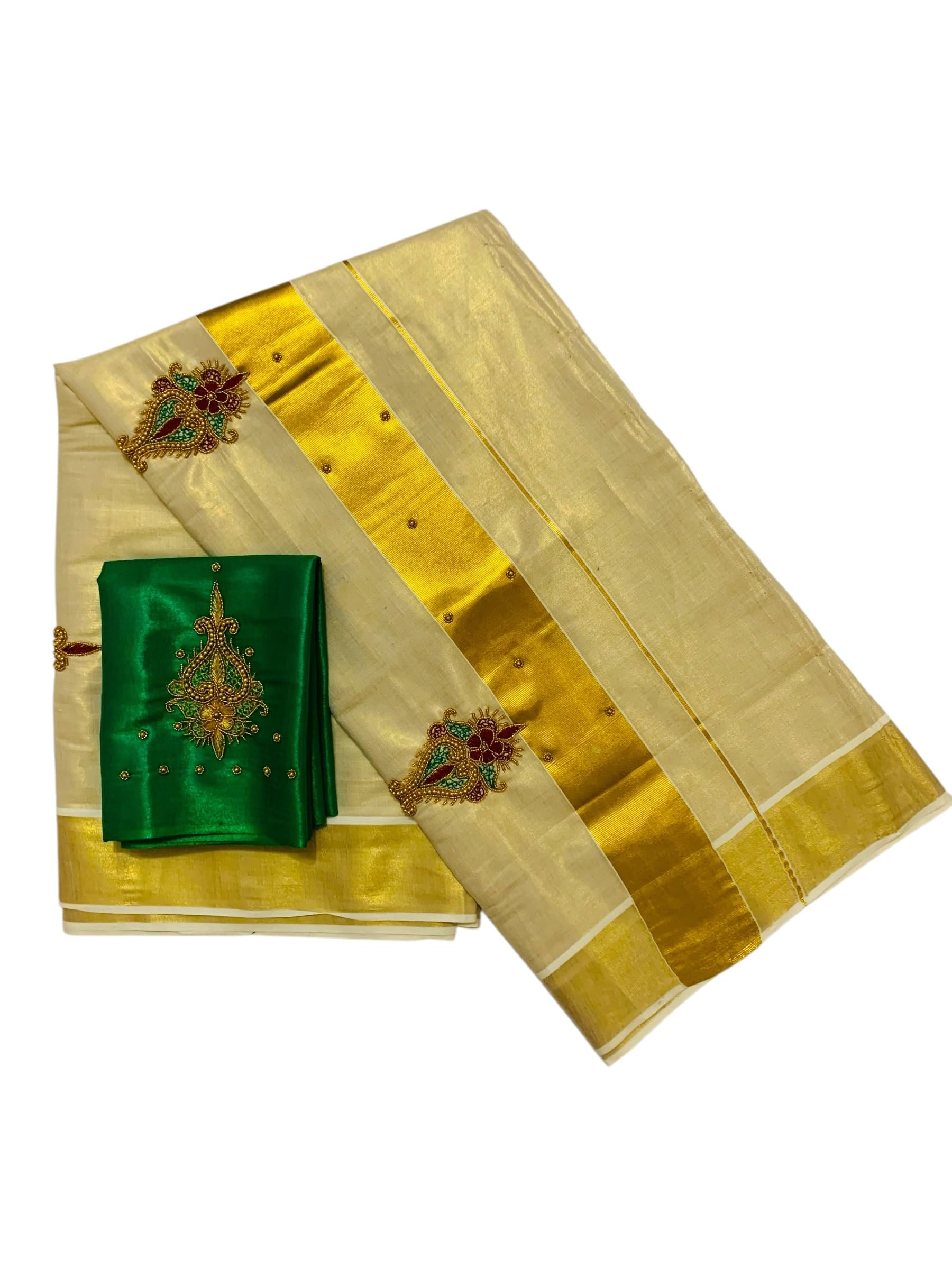 Kuthampully Kerala Kasavu Sarees For Women | Handcrafted Aari work Kerala Sarees | Tissue Onam Saree With Running Blouse | South Indian Sarees | Onam Saree EKM-836 (Green)