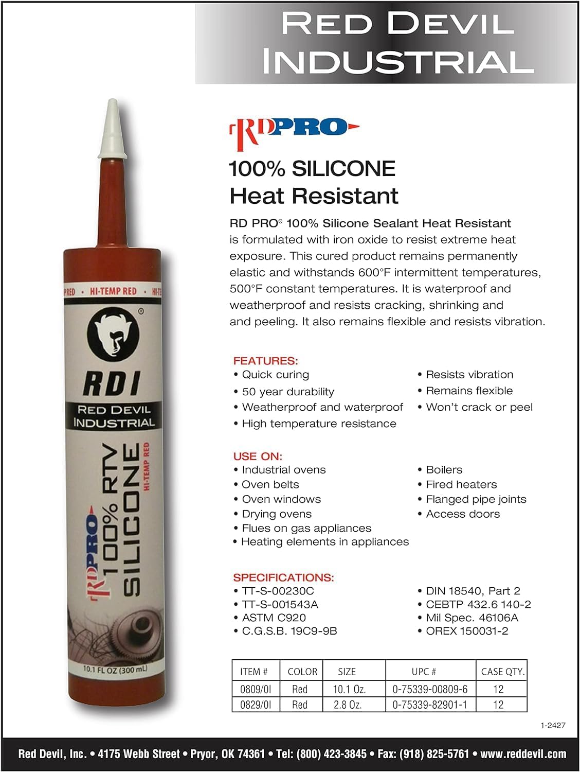 Red Devil 08090I RD PRO 100% Heat Resistant RTV Silicone Sealant, 10.1 oz., Red, 1 Pack, Made in USA 1 Pack 10.1 oz