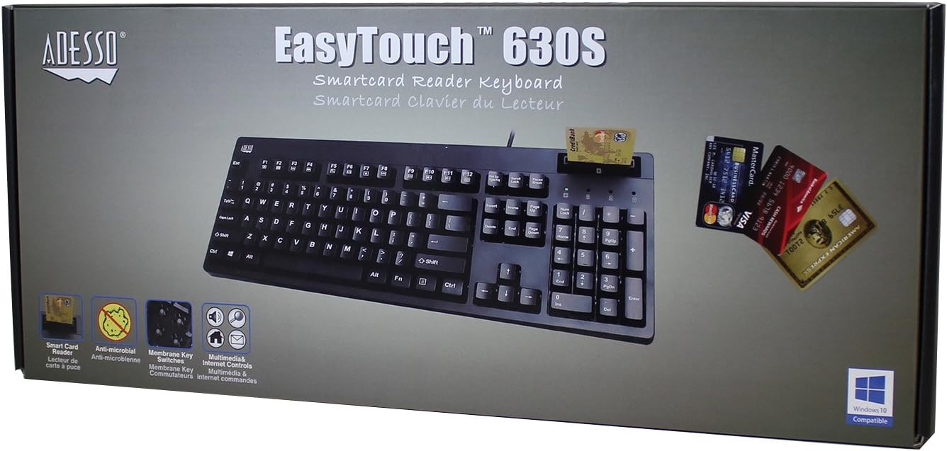Adesso EasyTouch 630SB-TAA - Smart Card Reader Keyboard (TAA Compliant) - Cable Connectivity - USB Interface - 104 Key(s)