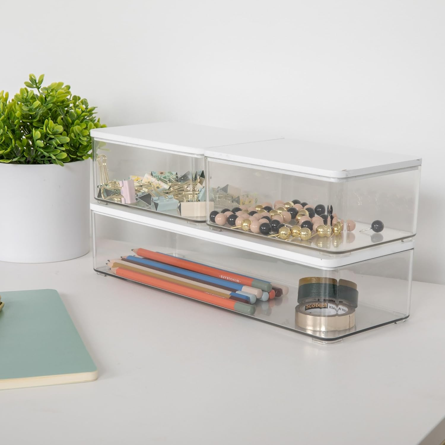 Martha Stewart Grady Stackable Plastic Storage Boxes with Lids, Set of 3