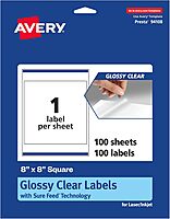Avery Glossy Clear Square Labels, Sure Feed Technology, 8" x 8", Laser/Inkjet Printable