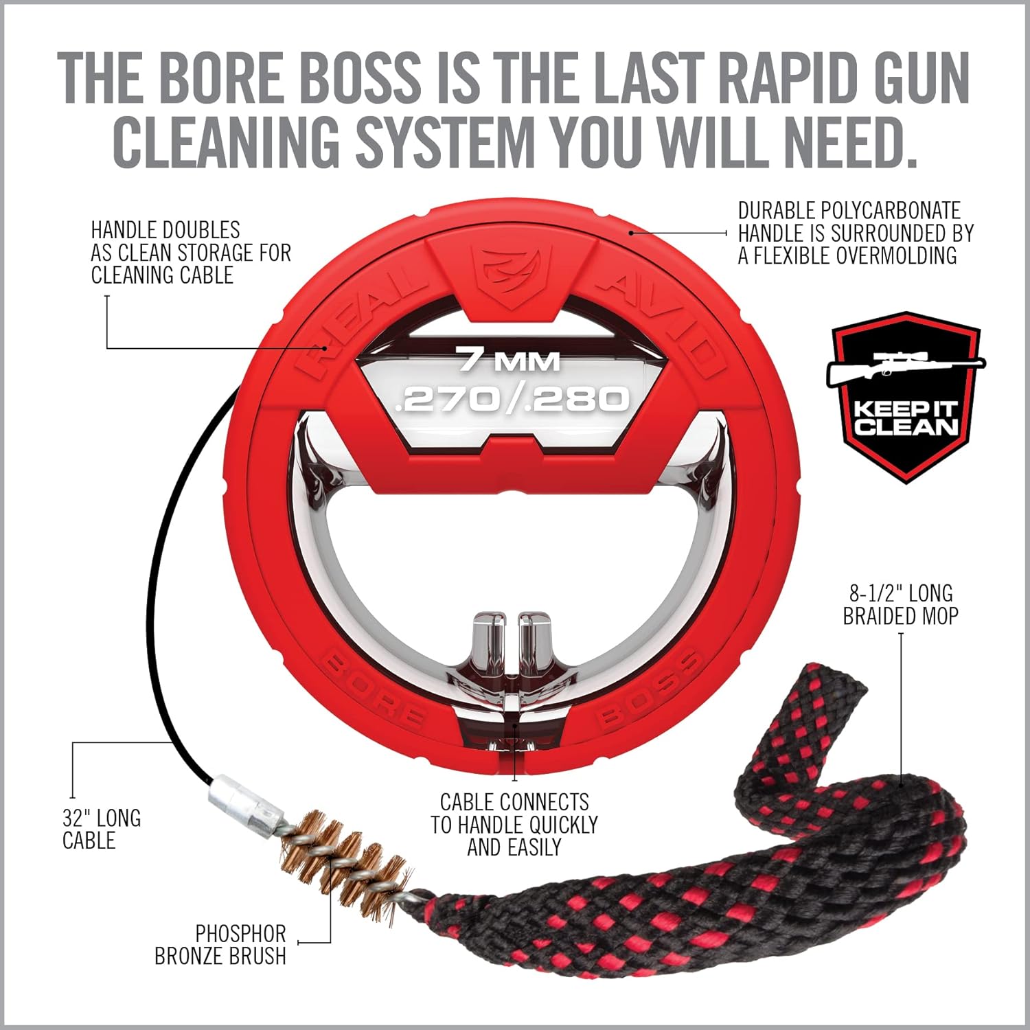 Real Avid Bore Boss Gun Cleaning System - Rapid Pull Through Barrel & Bore Cleaning Cable with Integrated Brush & Mop