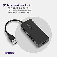 Targus 4-Port USB 3.0 SuperSpeed Hub, 2.75inH x 0.5inW x 0.5inD