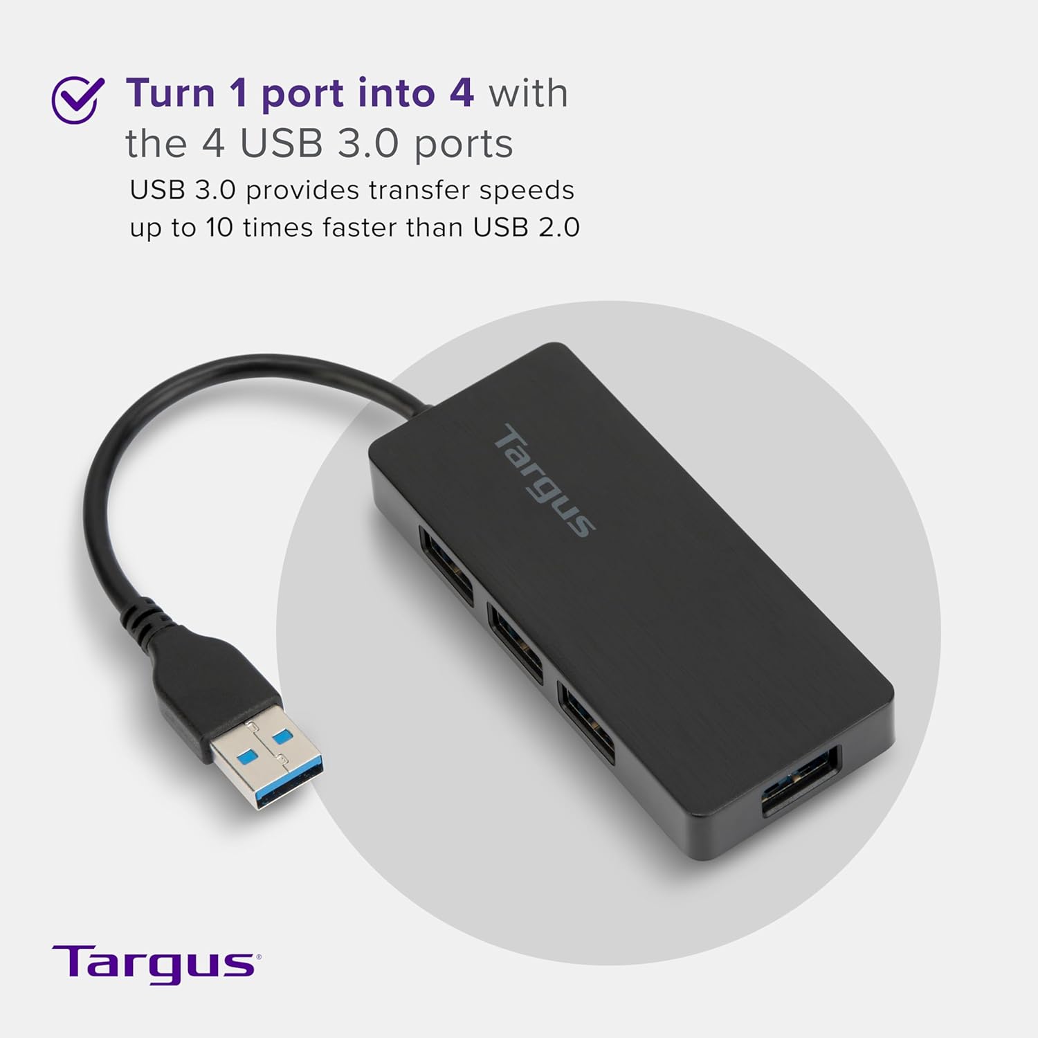 Targus 4-Port USB 3.0 SuperSpeed Hub, 2.75inH x 0.5inW x 0.5inD