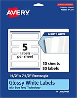 AVERY Glossy White Rectangle Labels, Sure Feed Technology, 1.5" x 7.5"