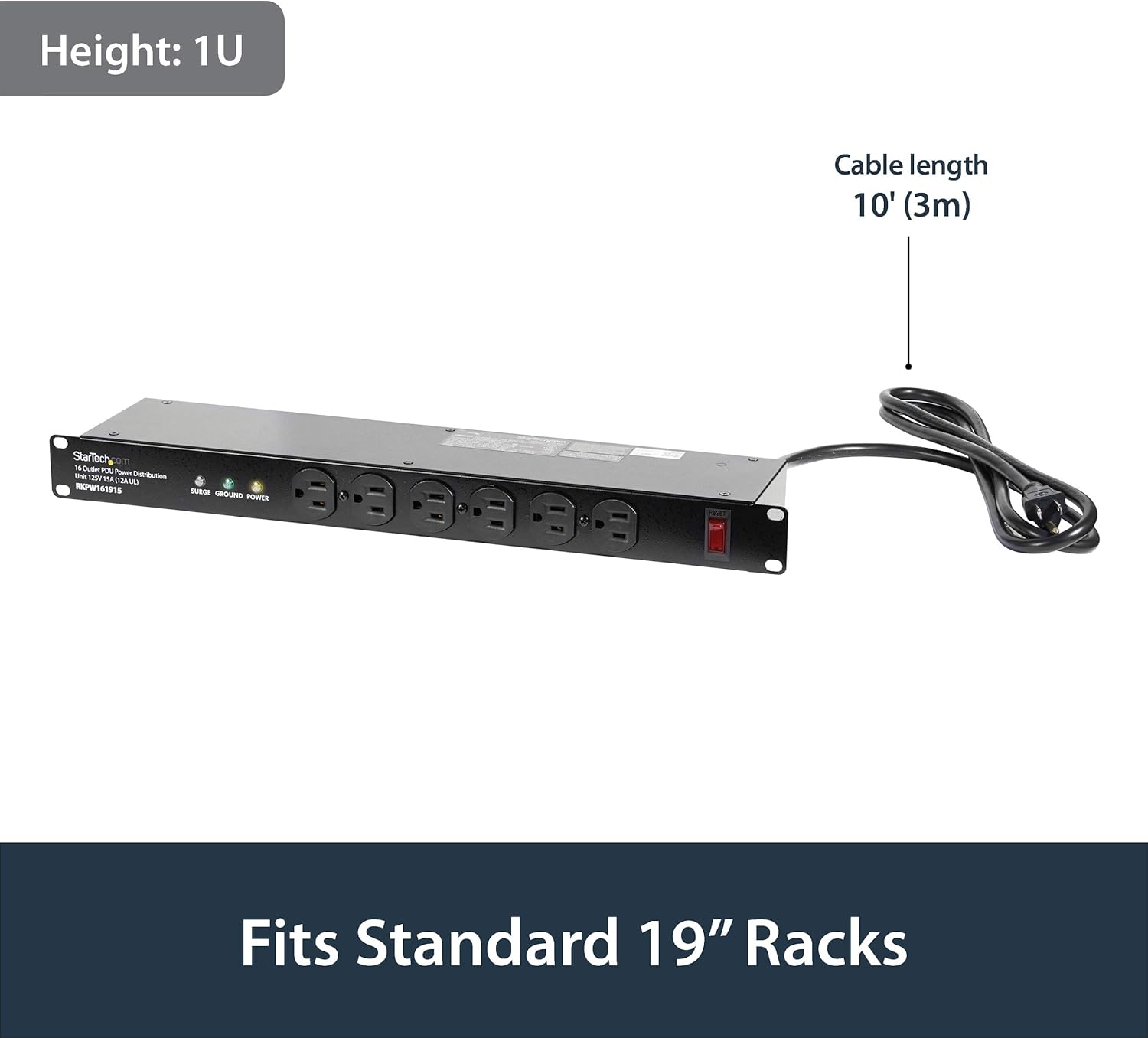 StarTech.com 16 Outlet Horizontal 1U Rack Mount PDU Power Strip for Network Server Racks - Surge Protection - 120V/15A