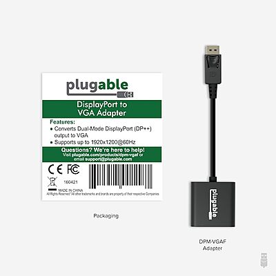 Plugable DisplayPort to VGA Adapter - Supports DisplayPort-Equipped Windows and Linux Systems to VGA Displays up to 1080p