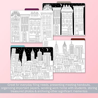 Barker Creek Designer File Folders Set of 12, Color Me! Cityscapes, Multi-Design, Adult Coloring Book Style, Letter Size