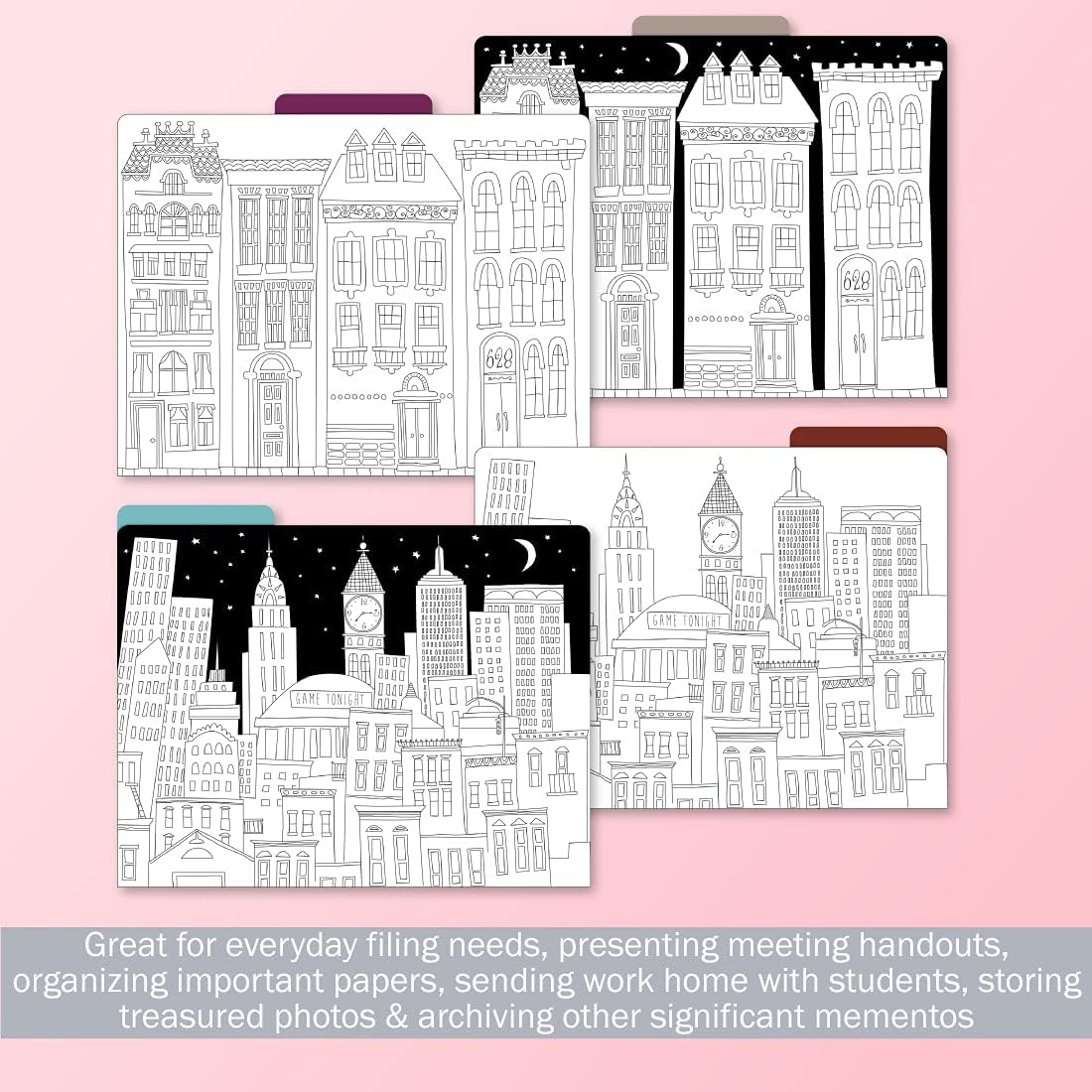 Barker Creek Designer File Folders Set of 12, Color Me! Cityscapes, Multi-Design, Adult Coloring Book Style, Letter Size