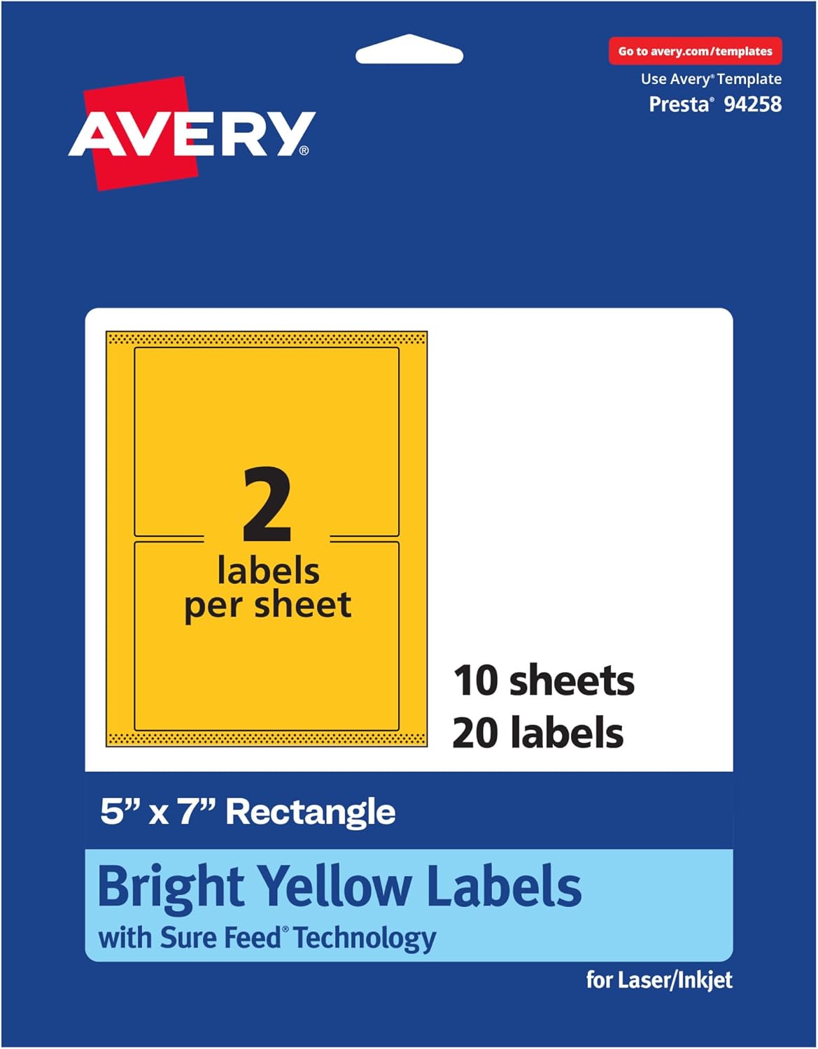 Avery Printable Rectangle Labels, Sure Feed Technology, 5" x 7", Bright Yellow Labels, Laser/Inkjet Printable, 20 Total