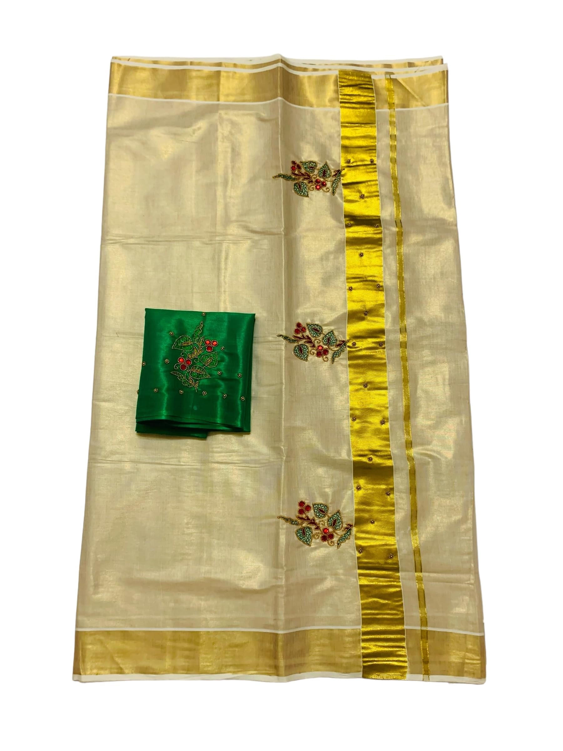 Kuthampully Kerala Kasavu Saree Tissue | Traditional South Indian Saree | Designer Indian Saree | Kerala Saree - EKM-829 (Green)
