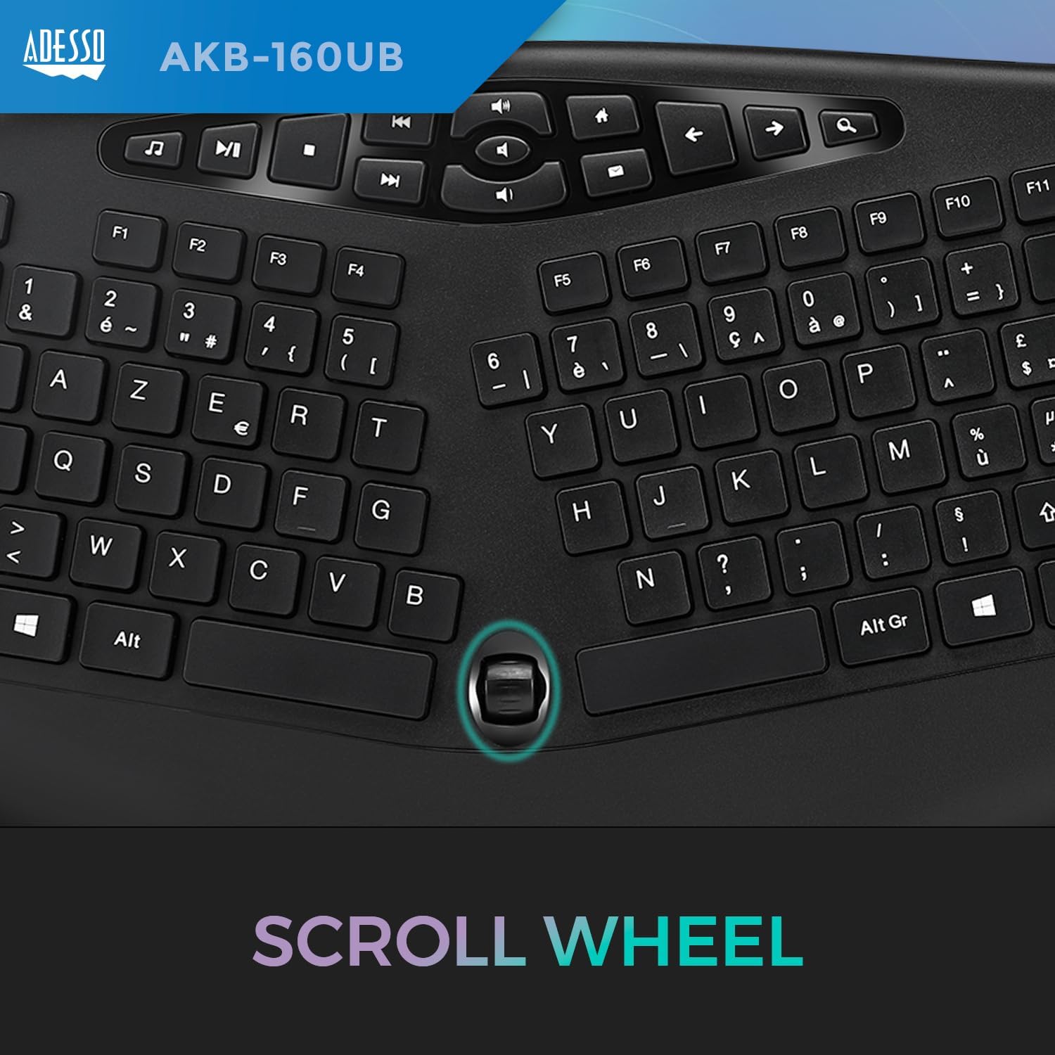 AKB-160UB Wired Ergonomic Keyboard with Integrated Palm Rest, Chiclet Keycaps, and Multimedia Hotkeys