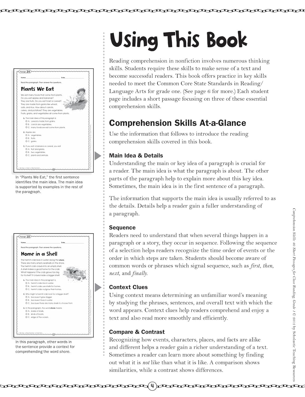 Scholastic Comprehension Skills: 40 Short Passages For Close Reading, Grade 1