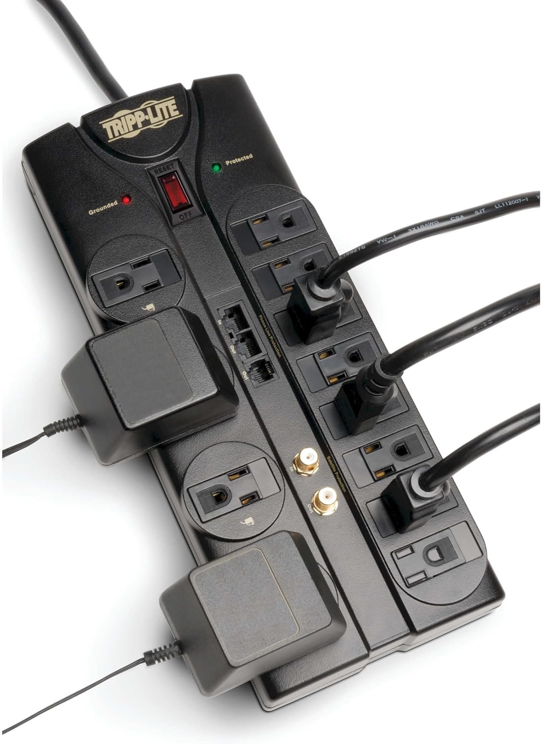 TRIPP LITE 12-Outlet Surge Protector Power Strip with Tel/Modem Protection, 8 ft Right-Angle Cord