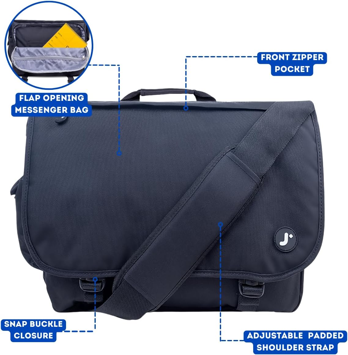 J World New York Thomas Laptop Messenger Bag for Women & Men. Kids Computer Bookbag Black