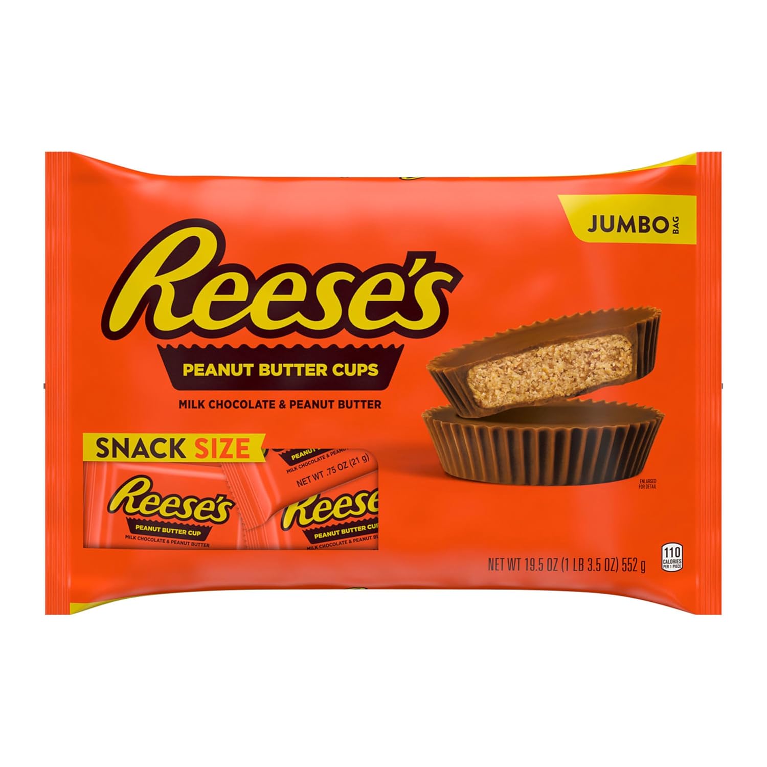 REESE'S Milk Chocolate Snack Size Peanut Butter Cups, Candy Jumbo Bag, 19.5 oz Peanut Butter 1.2 Pound (Pack of 1)