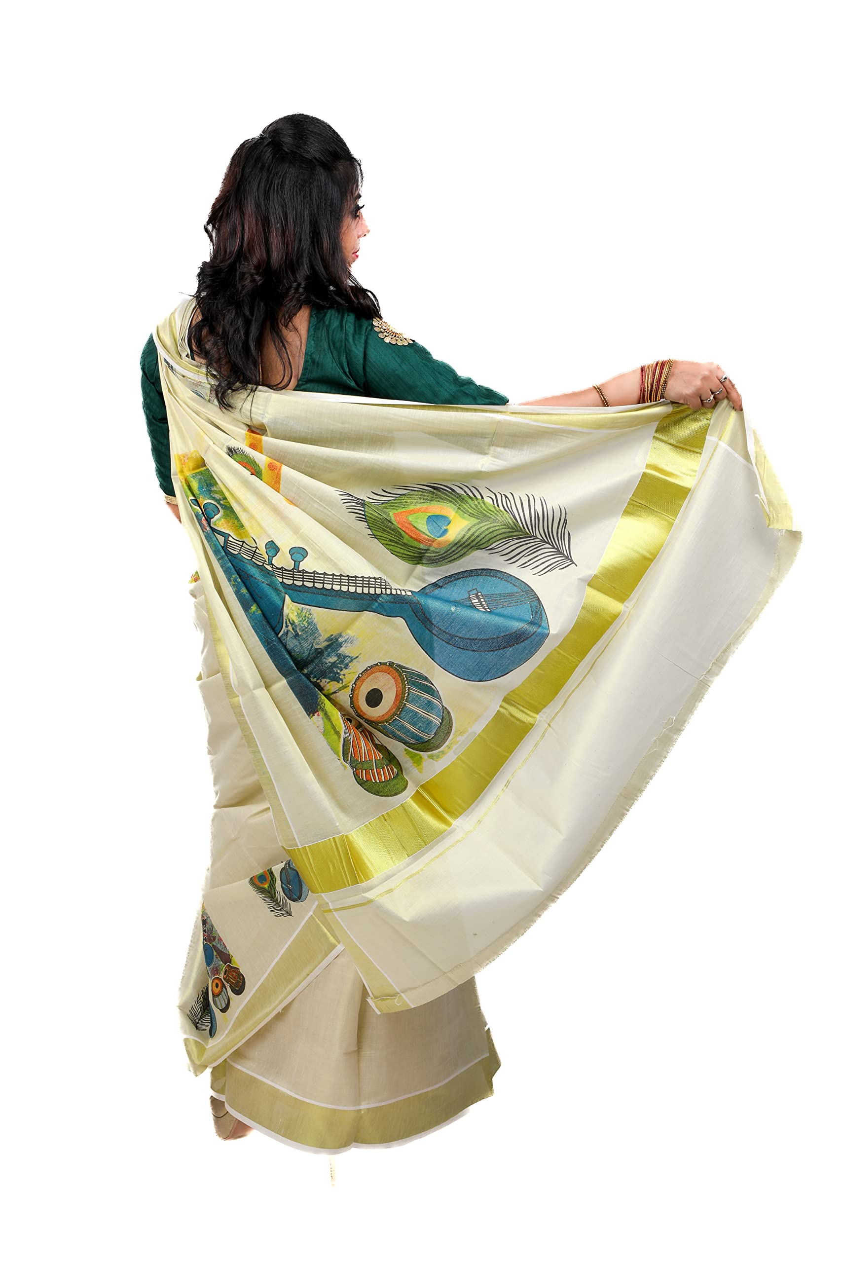 Womens Kuthampully Kerala Kasavu Saree Tissue Mural Painted|Traditional South Indian Saree|Onam Saree - Multi Color Ktm-644