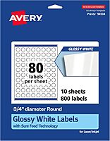 AVERY Glossy White Round Labels, Sure Feed Technology, 3/4" Diameter, Print-to-The-Edge, Permanent Adhesive, Laser/Inkjet Printable