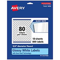AVERY Glossy White Round Labels, Sure Feed Technology, 3/4" Diameter, Print-to-The-Edge, Permanent Adhesive, Laser/Inkjet Printable