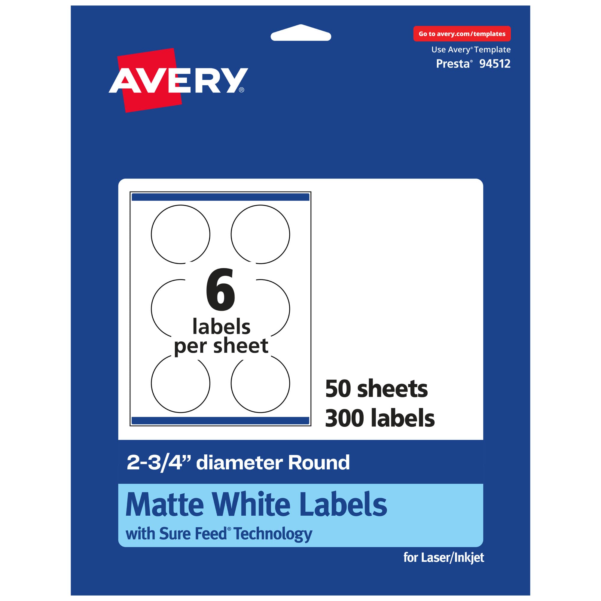 Avery Matte White Round Labels, Sure Feed Technology, 2.75" Diameter
