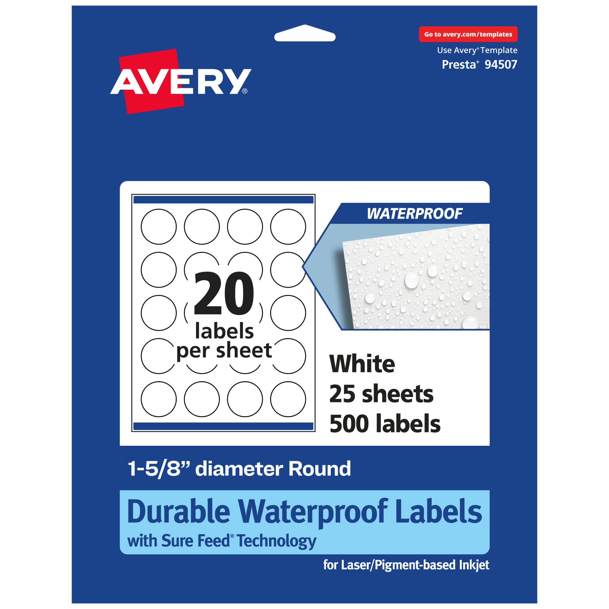 Avery Durable Waterproof Round Labels, Sure Feed Technology, 1-5/8" Diameter