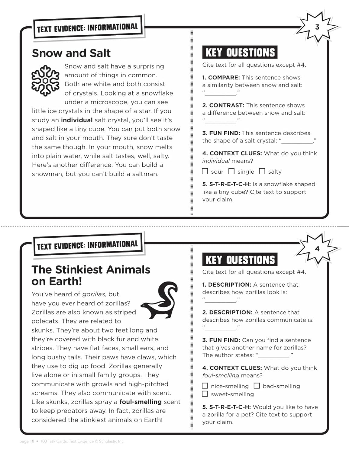 100 Task Cards: Text Evidence: Reproducible Mini-Passages With Key Questions to Boost Reading Comprehension Skills
