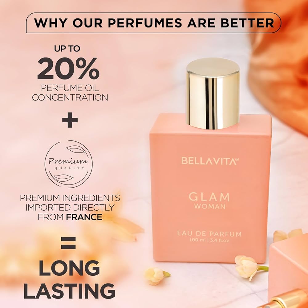 Bella Vita Luxury GLAM Woman Eau De Parfum With African Orange, Jasmine & Patchouli Premium, Long Lasting Floral & Woody Fragrance Liquid EDP For Women, 100ml