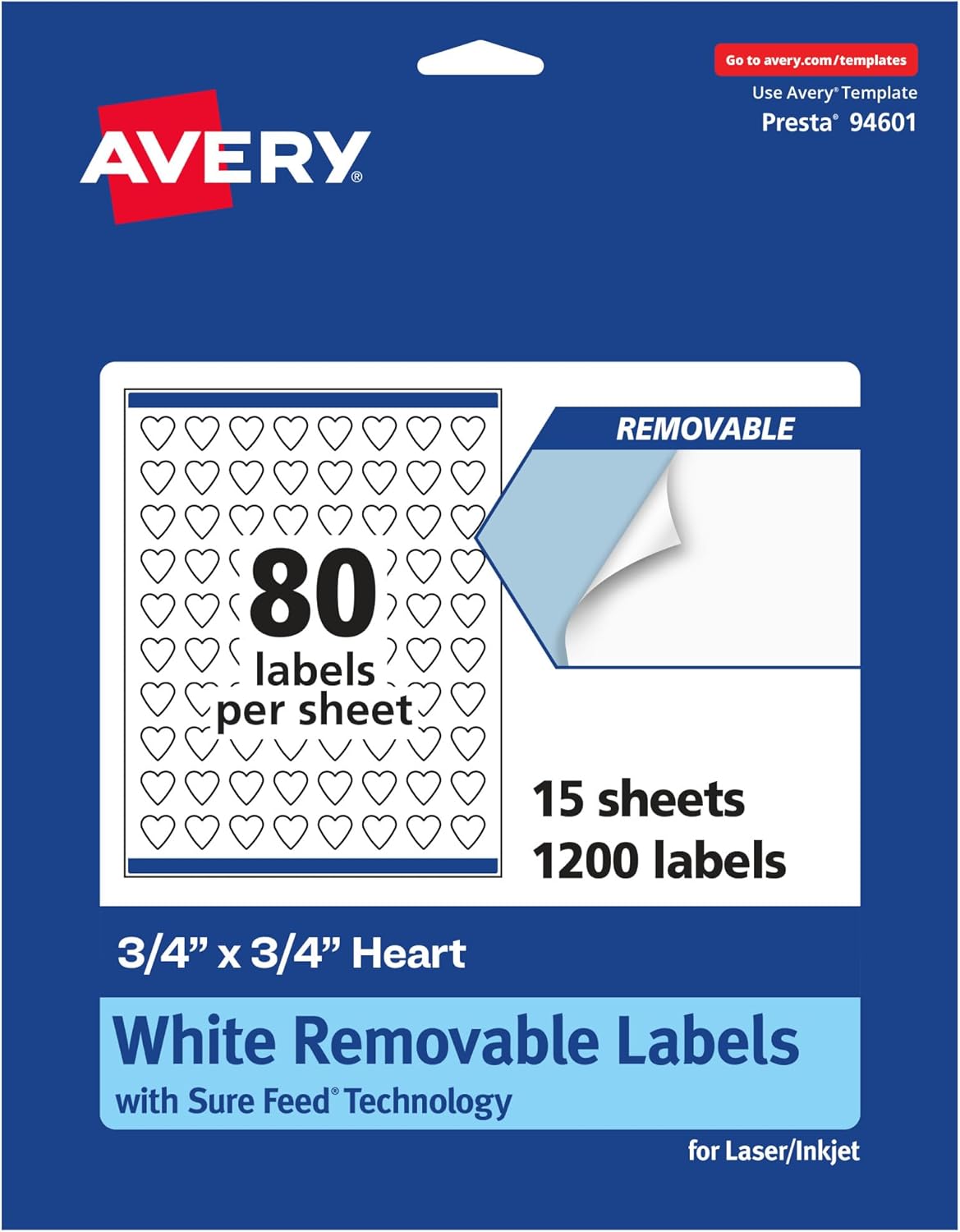 AVERY Matte White Removable Heart Labels, Sure Feed, 0.75" x 0.75", Laser/Inkjet Printable