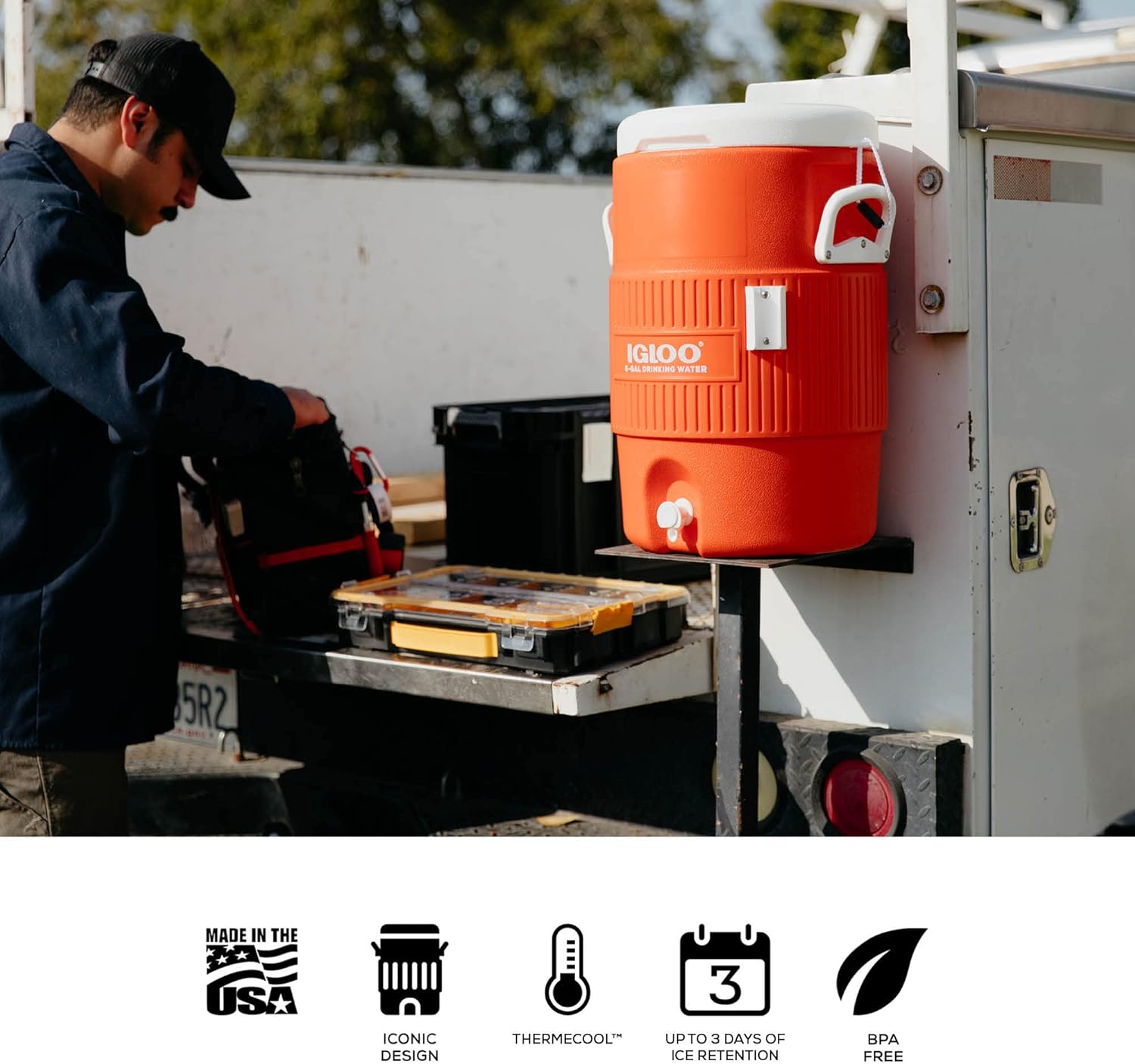 Igloo 5 Gallon Portable Sports Cooler Water Beverage Dispenser with Flat Seat Lid, Insulated Beverage Dispenser, Orange/White