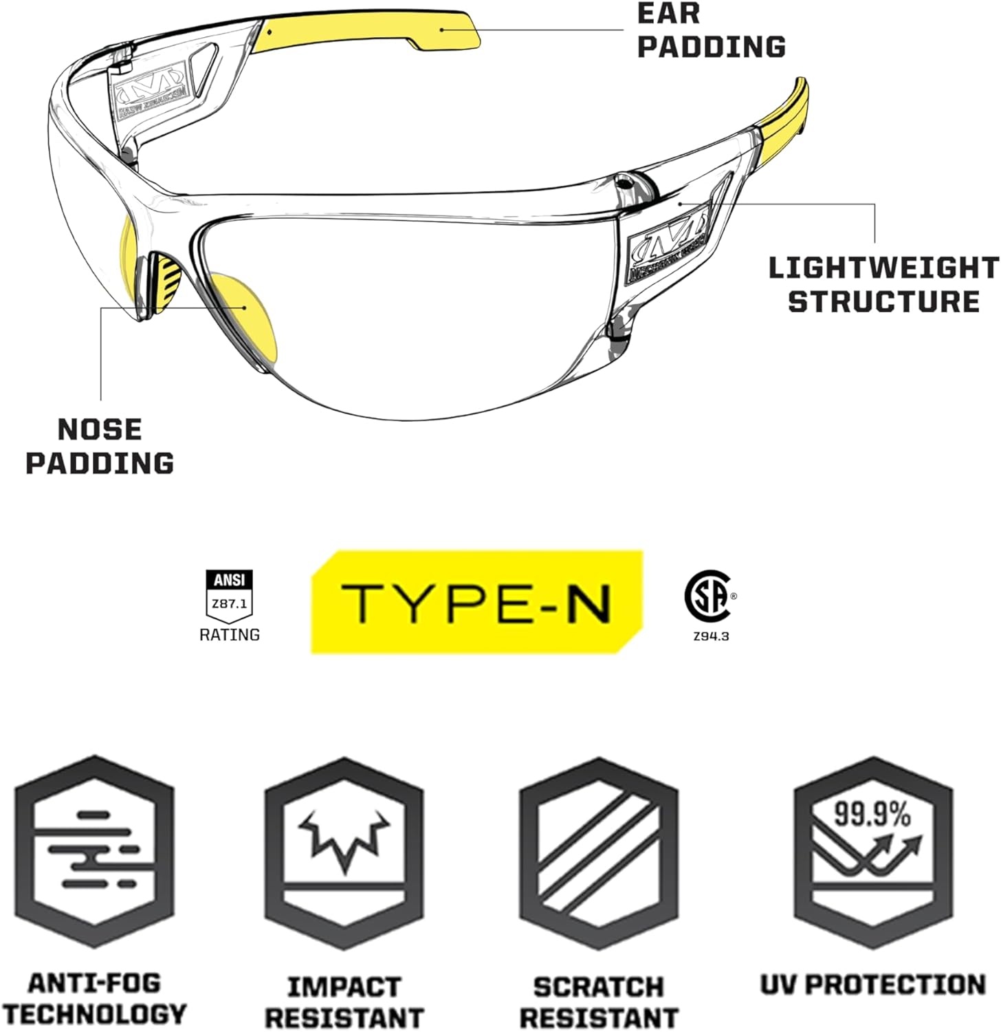 Mechanix Wear: Vision Type-N Safety Glasses with Advanced Anti Fog, Scratch Resistant, Rimless Lens, Protective Eyewear