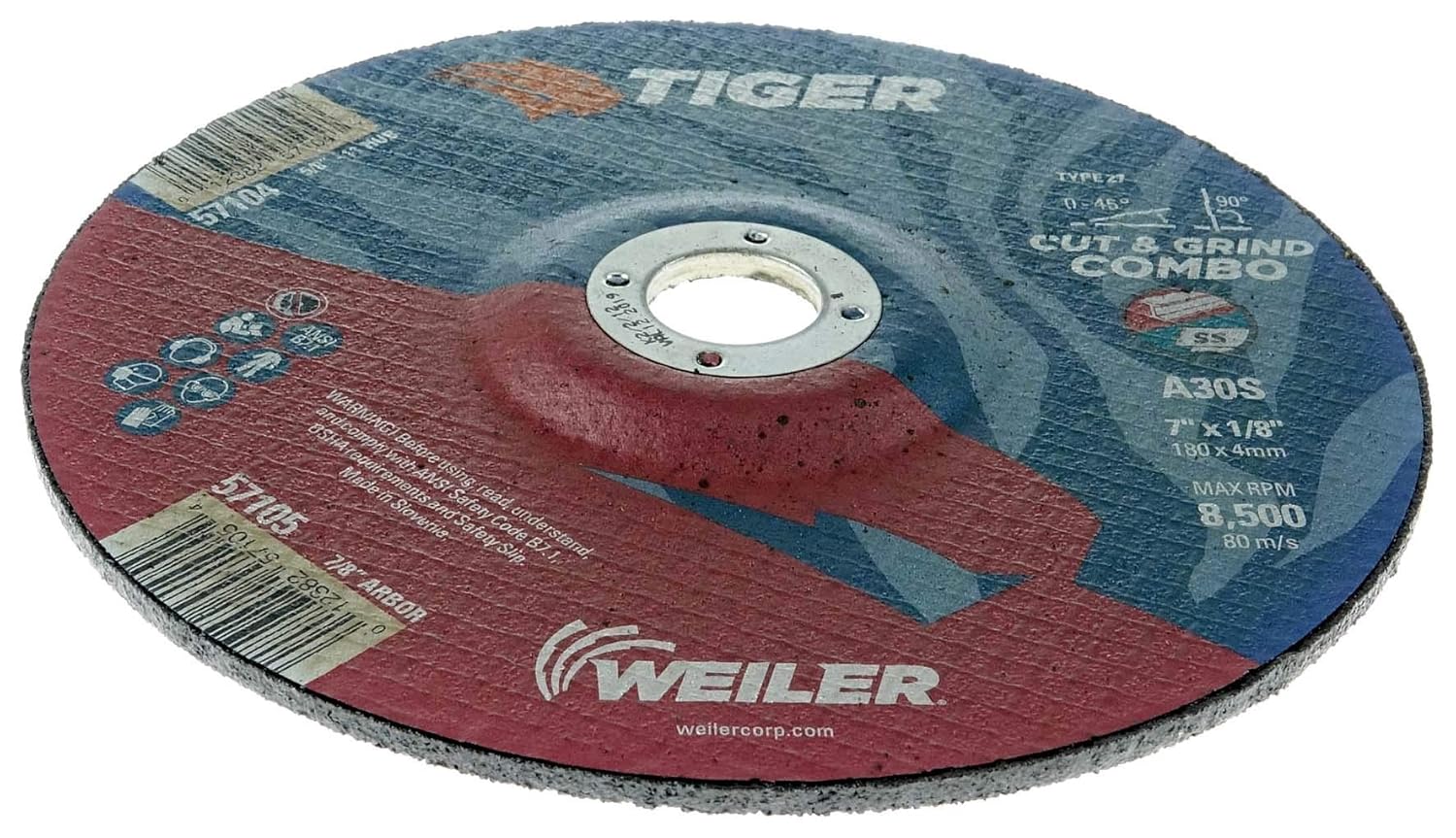 WEILER 7" x 1/8" Tiger Type 27 Cut and Grind Combo Wheel A30S