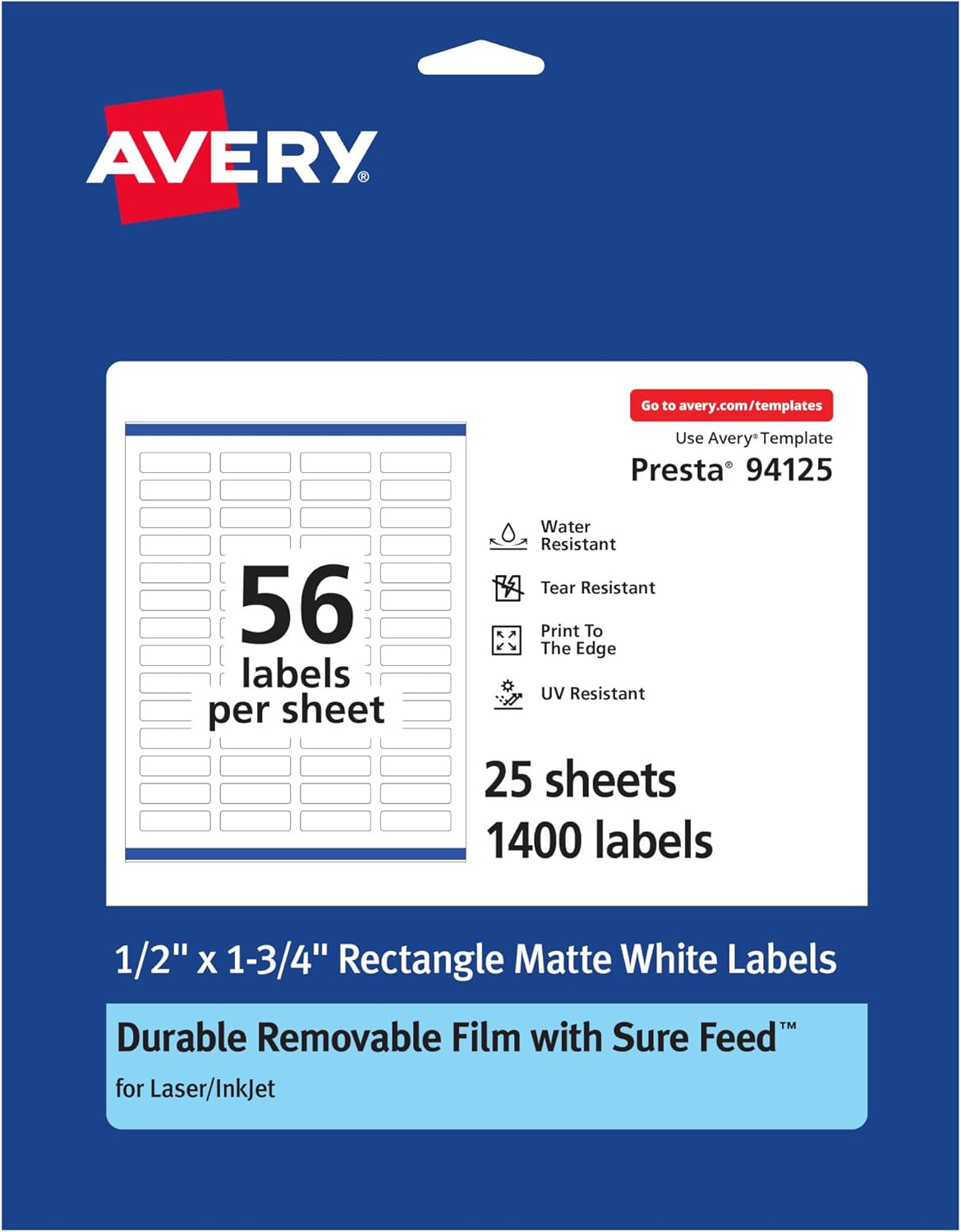 Avery Durable Removable Rectangle Labels, Sure Feed Technology, 0.5" x 1.75", Matte White Film, Print-to-Edge