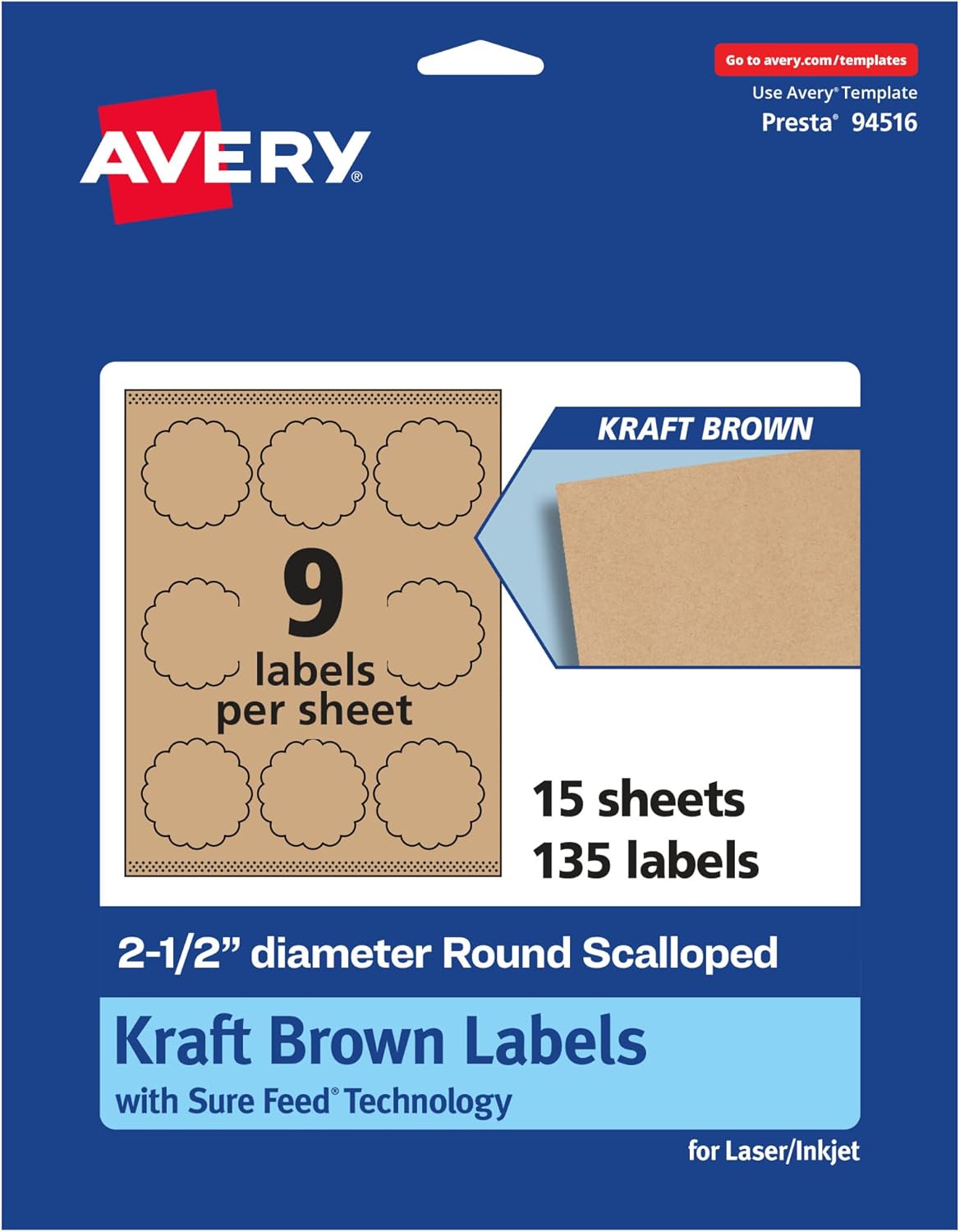 Avery Kraft Brown Round Scalloped Labels, Sure Feed Technology, 2.5" Diameter, 135 Kraft Brown Labels, Print-to-The-Edge