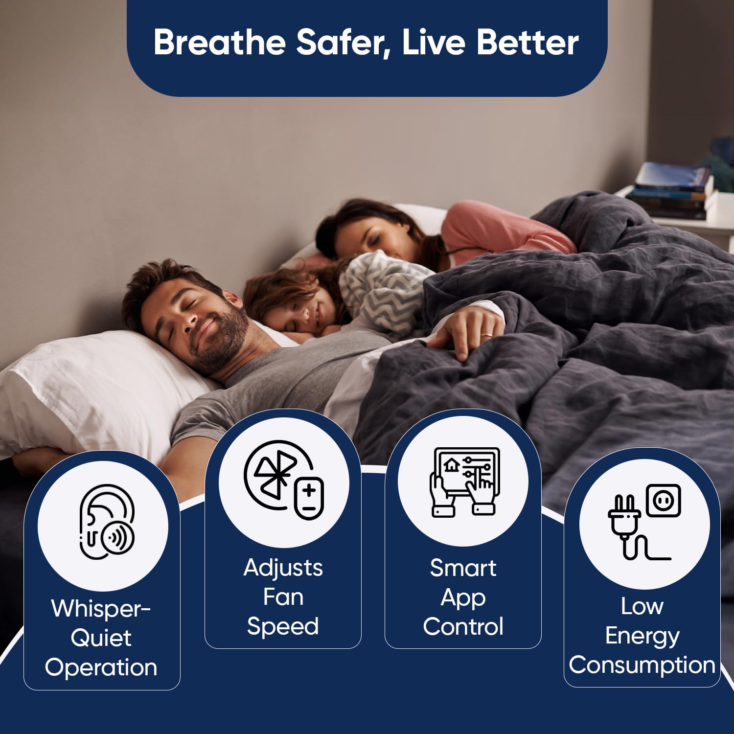 A family relaxing comfortably, knowing the air is being cleaned by their Blueair Classic 680i.