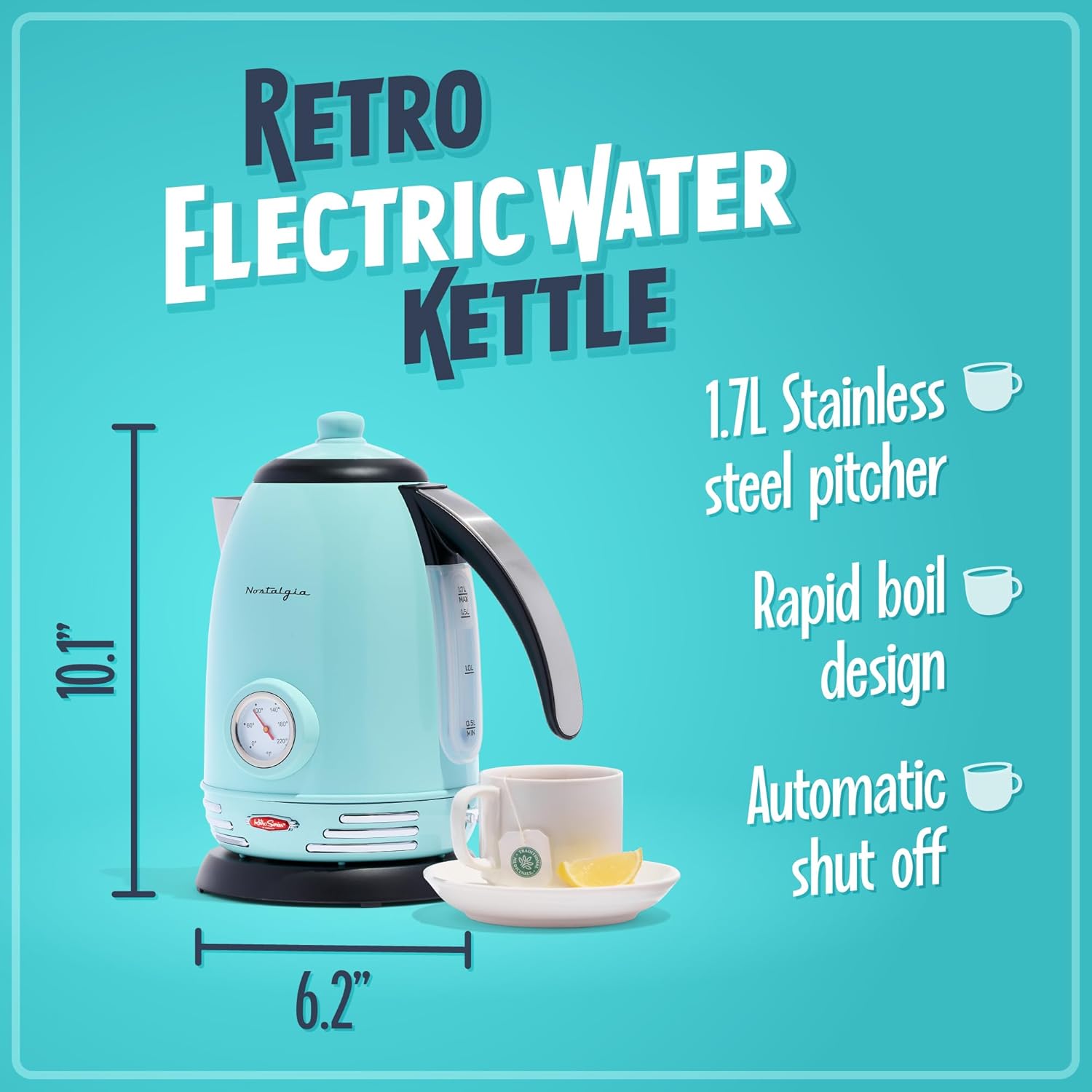 Nostalgia Retro Stainless Steel Electric Tea And Water Kettle, 1.7 Liters, Auto-Shut Off & Boil-Dry Protection