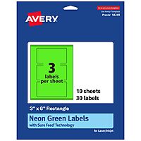 Avery Printable Rectangle Labels, Sure Feed Technology, 3" x 6", Neon Green Labels, Print-to-The-Edge