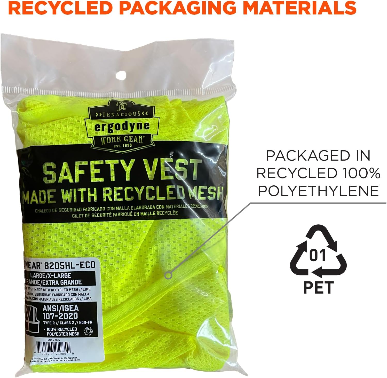 ERGODYNE GloWear 8205HL-ECO Recycled Hi-Vis Vest - Type R Class 2