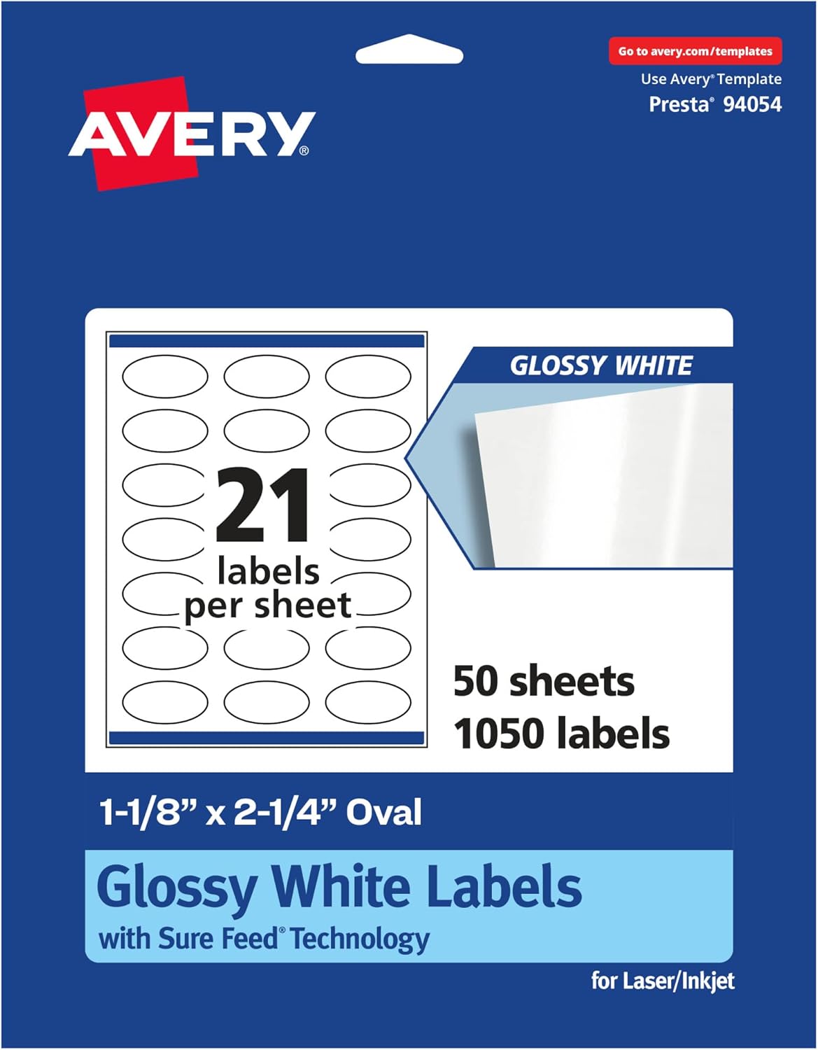 Avery Glossy White Oval Labels, Sure Feed Technology, 1-1/8" x 2-1/4"