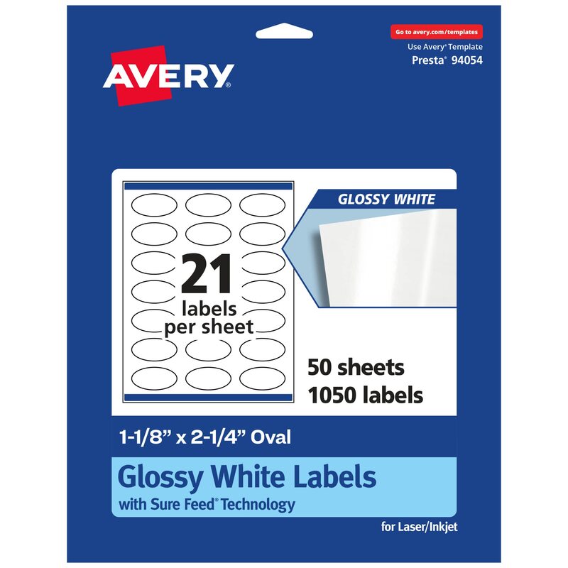 Avery Glossy White Oval Labels, Sure Feed Technology, 1-1/8" x 2-1/4"