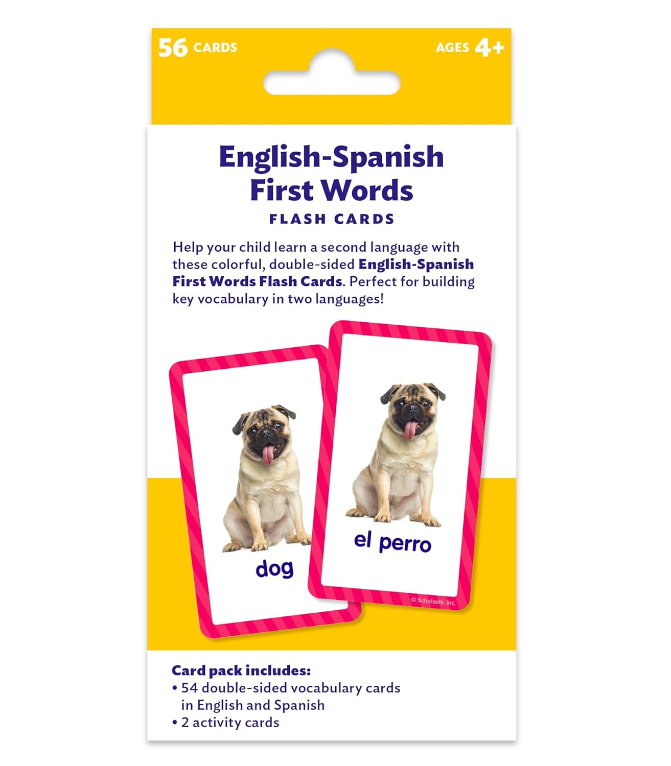 Scholastic English-Spanish First Words Flash Cards, 6-5/16inH x 3-7/16inW, Pre-K, Pack Of 56 Cards