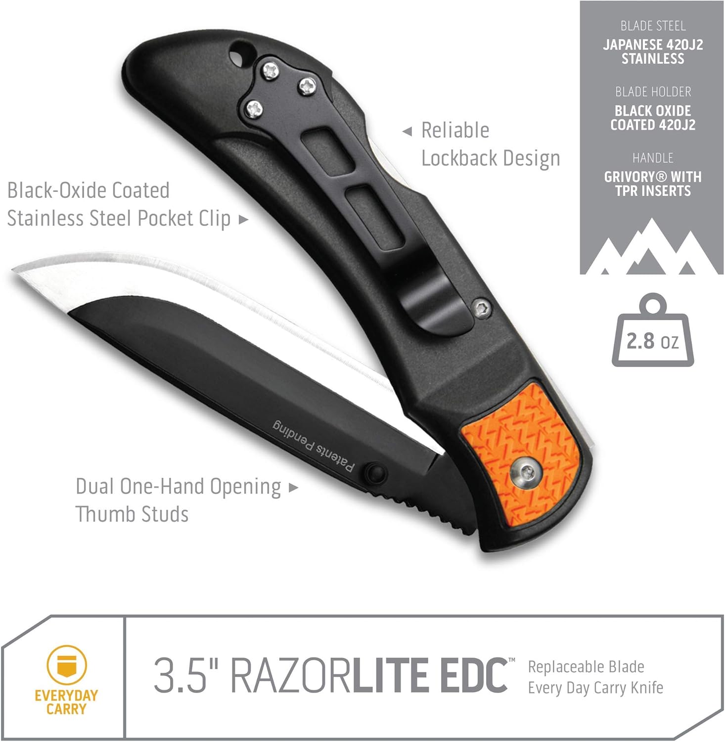 OUTDOOR EDGE 3.5" RazorLite EDC Pocket Knife with Replaceable Blades and Clip