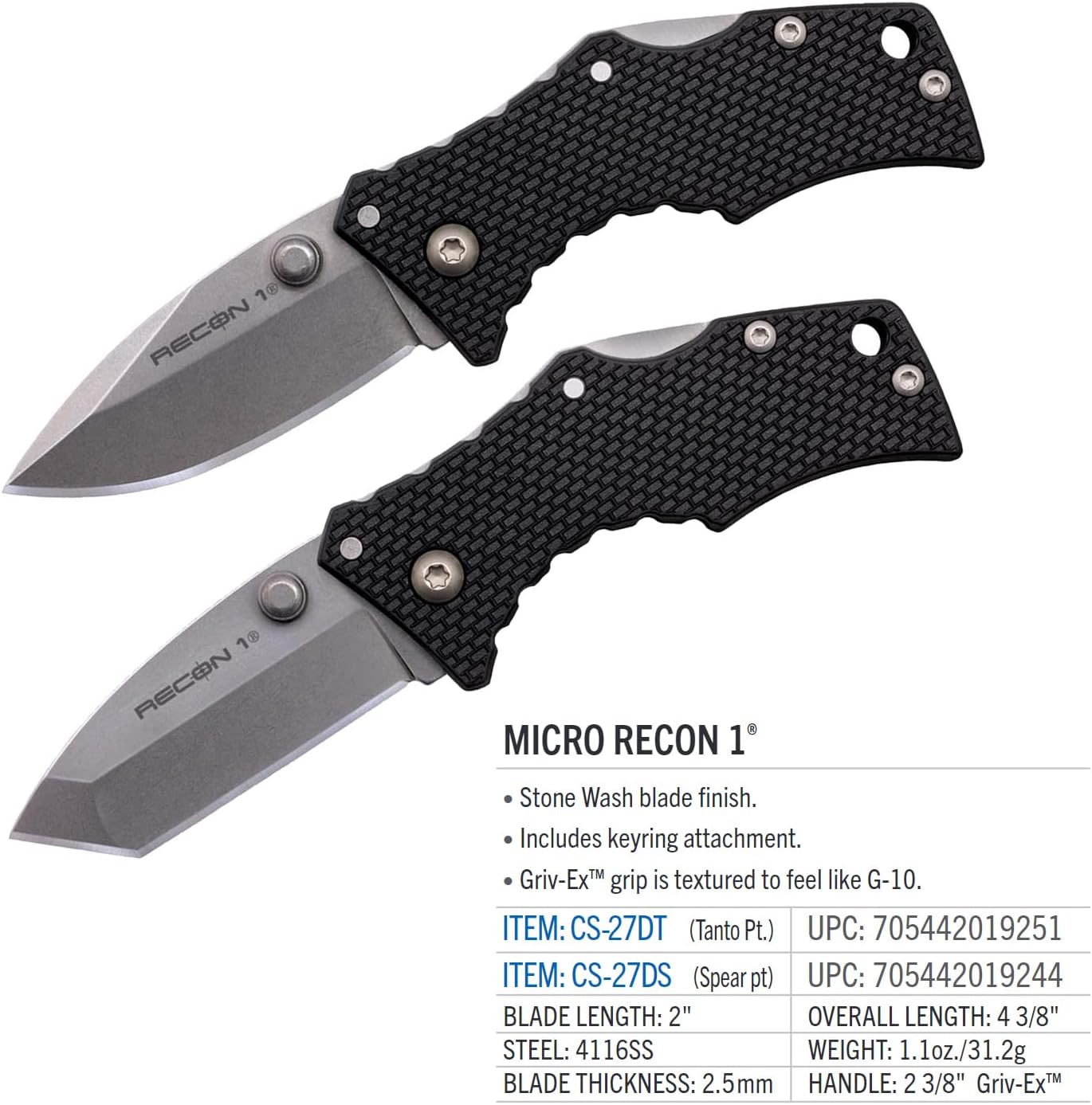 COLD STEEL Micro Recon 1 2" 4034 SS Folding Knife - Griv-Ex Handle, Tri-Ad Lock