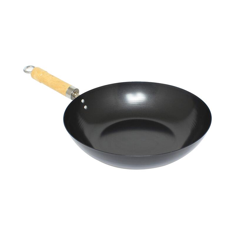 Thunder Group TF001 Wok, 12" Dia., Non-Stick, Hanging Loop, Wooden Handle and Helper Handle, Carbon Steel