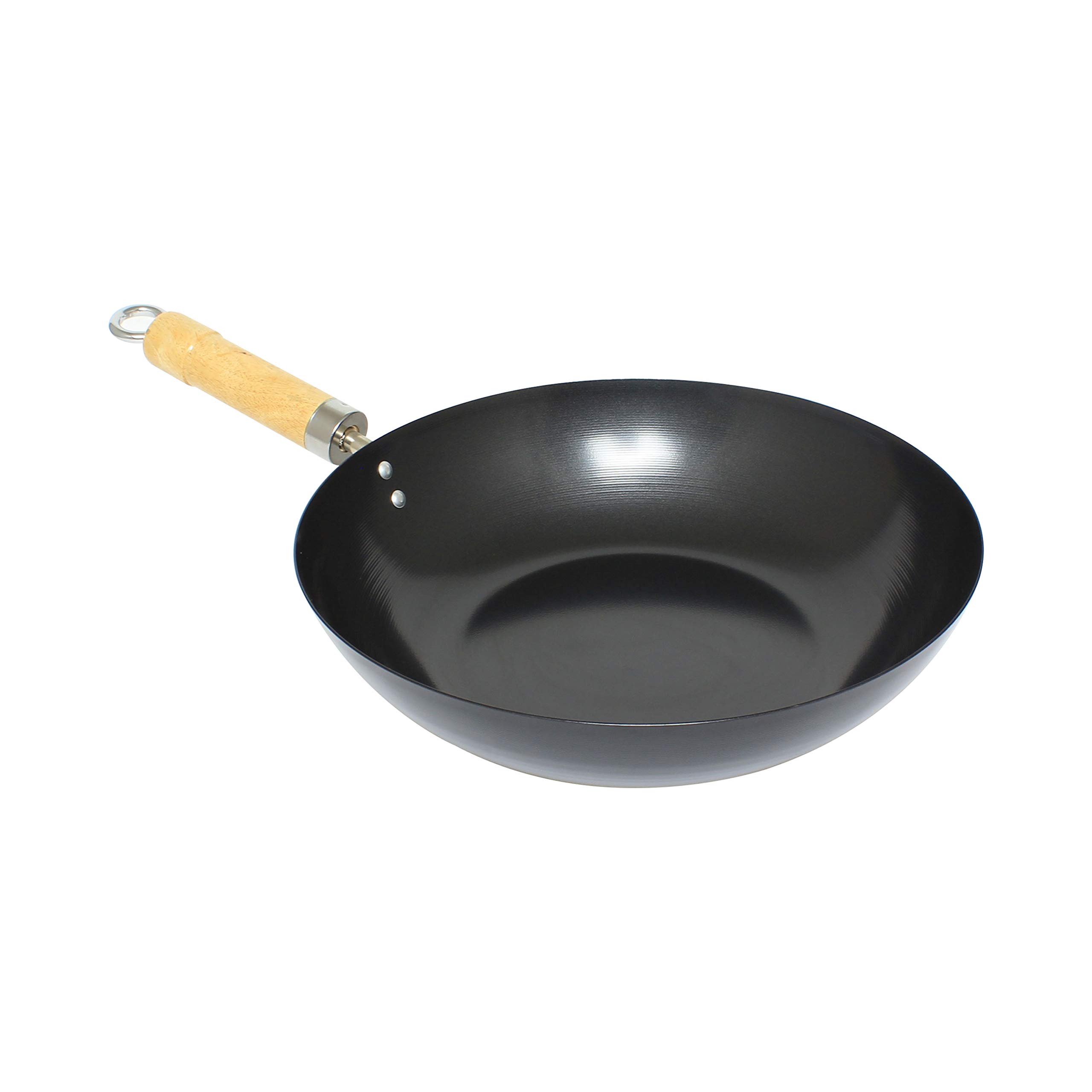 Thunder Group TF001 Wok, 12" Dia., Non-Stick, Hanging Loop, Wooden Handle and Helper Handle, Carbon Steel