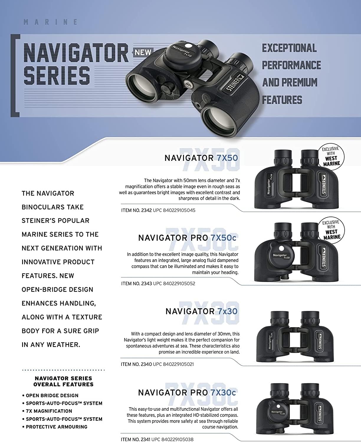 STEINER Navigator 7x30 Marine Binoculars Open-Bridge Design, Sports Auto-Focus