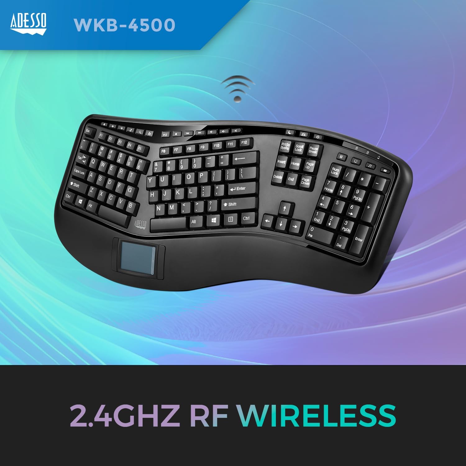 WKB-4500UB - Wireless Ergonomic Desktop Touchpad Keyboard, Split Keys Design, Palm Rest, Media Control Hotkeys