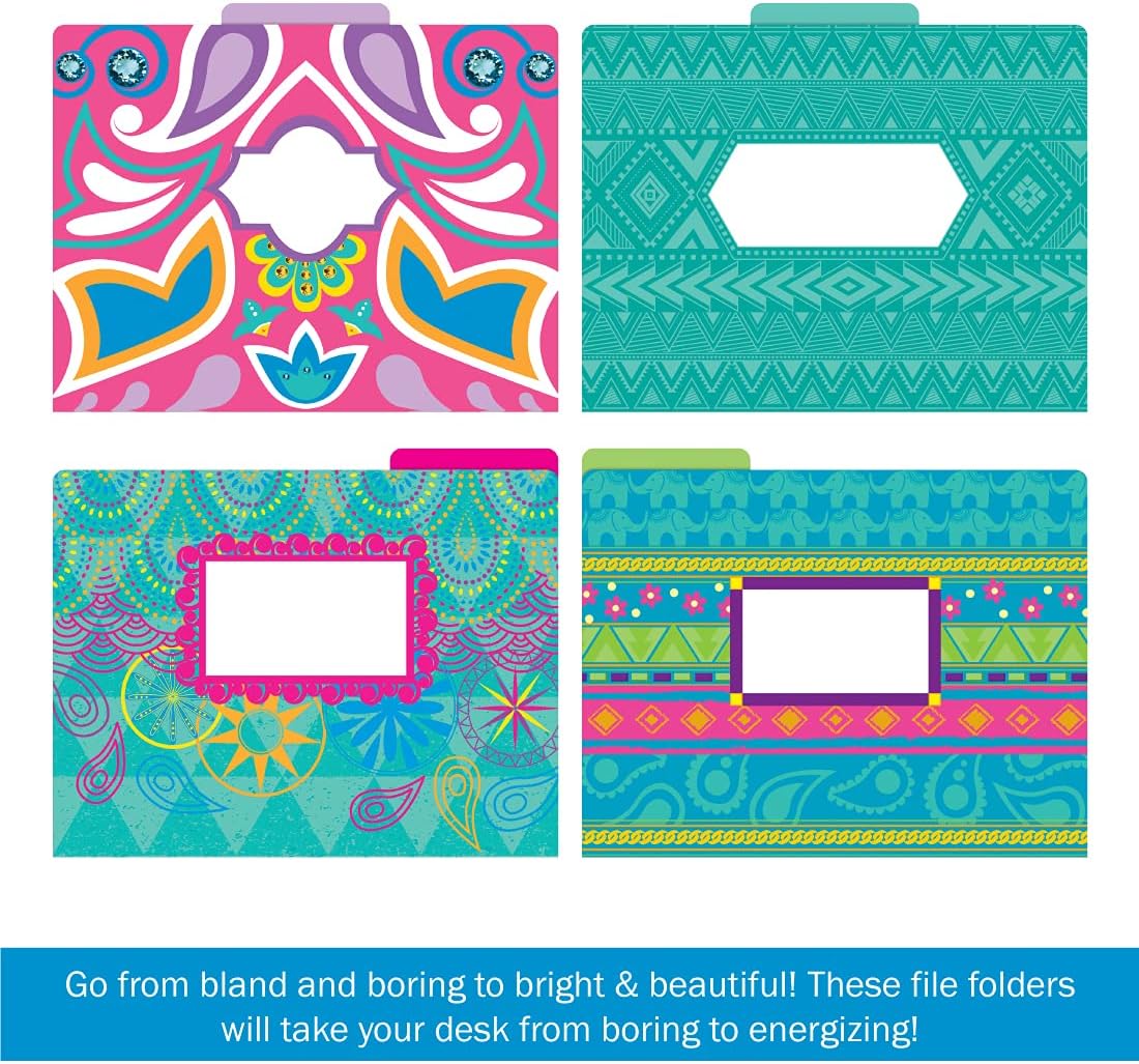 Barker Creek Designer File Folders, Bohemian, Multi-Design, Playful Patterns on Outside, Solid Colors on Inside, Letter Size
