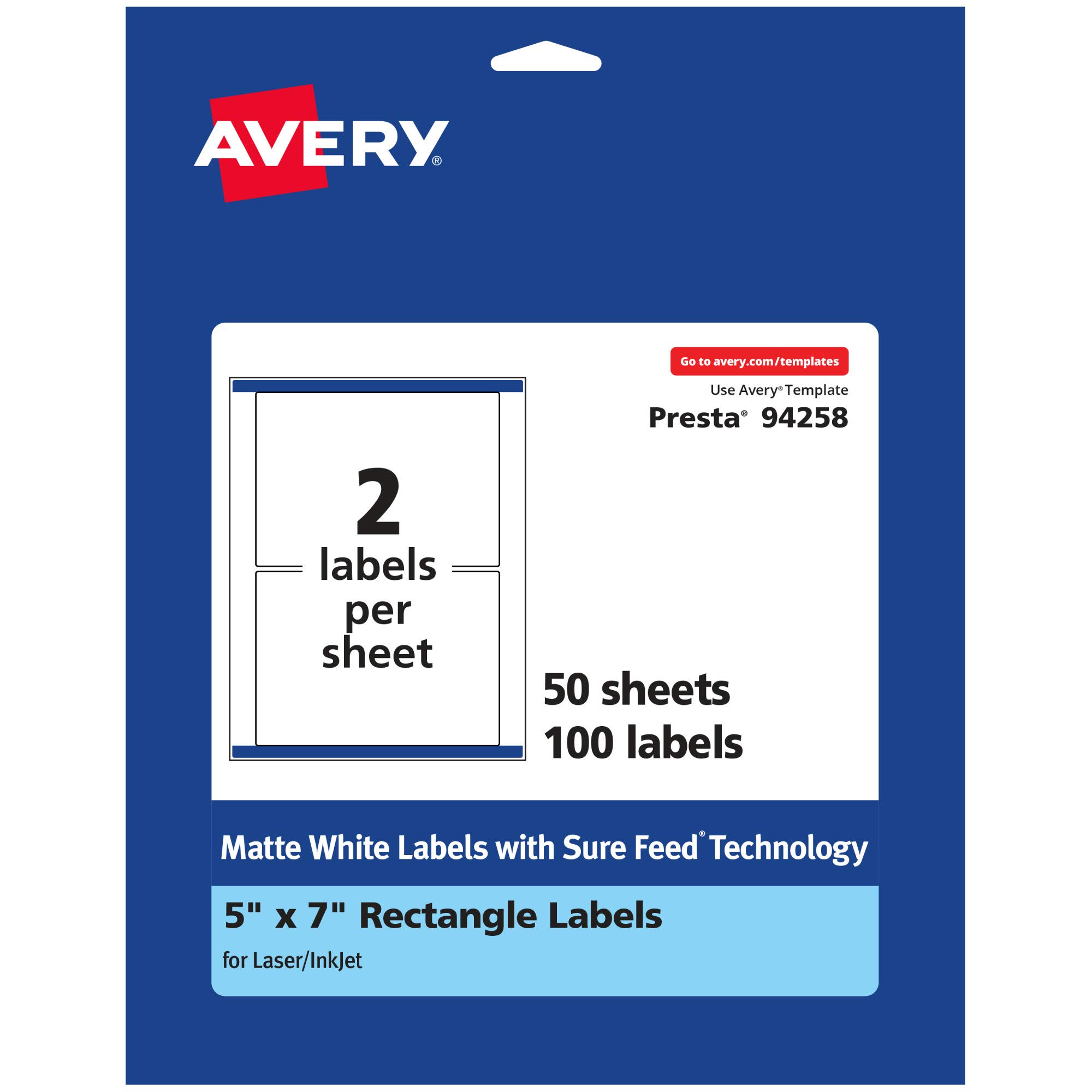 Avery Matte White Rectangle Labels, Sure Feed Technology, 5" x 7"
