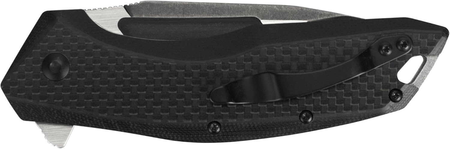 Kershaw Flourish Pocket Knife (3935); 3.5-Inch Blackwash Clip Point Blade with Black Carbon Fiber Handle