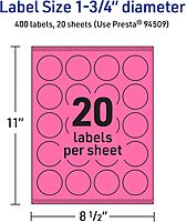 Avery Printable Round Labels, Sure Feed Technology, 1-3/4" Diameter, Bright Pink, Print-to-The-Edge, Laser/Inkjet Printable